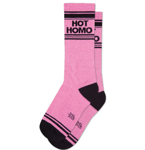 Bold pink Hot Homo Gym Crew Socks by Gumball Poodle with a classic black ribbed design.