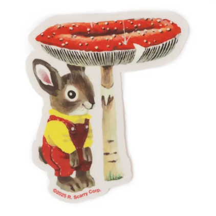 Welcome to the Busy World of Richard Scarry with the Nicholas Bunny Mushroom Sticker, it's a world of community, kindness, and imagination.