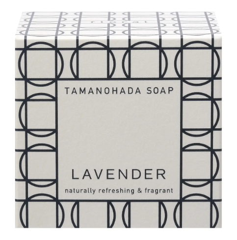 Designer box packaging for Tamanohada lavender round soap by Ameico showcasing refined botanical aesthetics.