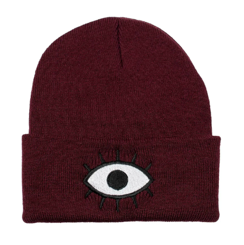 Wokeface Third Eye Beanie – Maroon knit beanie with embroidered third eye design, perfect for keeping warm in style.