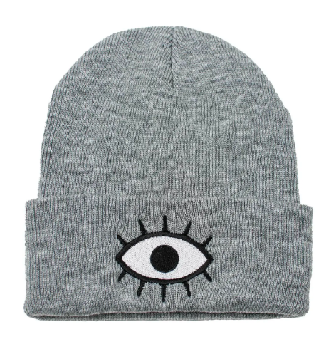 Wokeface Third Eye Beanie – Heather Gray knit beanie with embroidered third eye design, perfect for keeping warm in style.