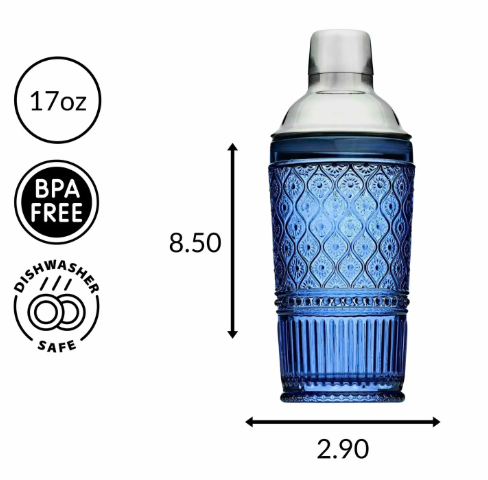 A stylish 17oz blue crystal cocktail shaker, ideal for mixing drinks with a distinctively modern presentation.