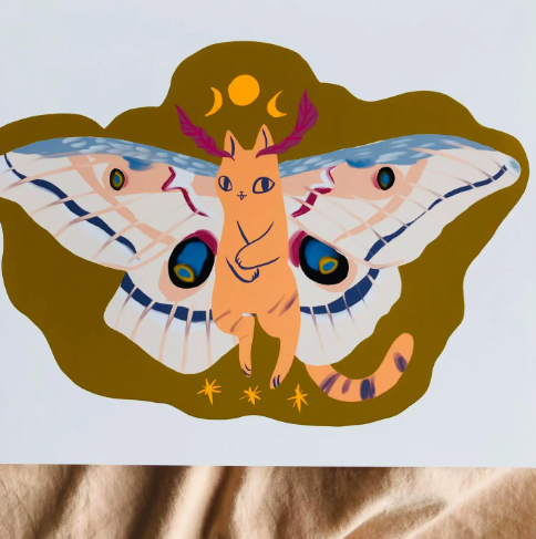 A vibrant art print featuring the Pink Star Moth Cat with glowing pink and orange wings against a blue background, ready to bring bold color to your home decor.