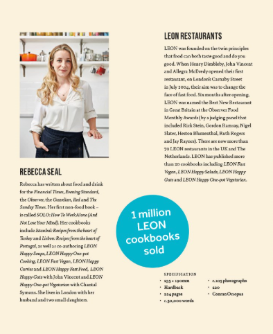 An open page of the LEON cookbook showcasing Rebeca Seal, her restaurants and the contents of her cookbook.