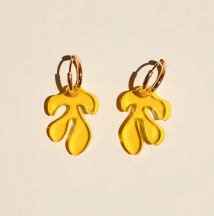 Other shapes' See-thru Yellow Dancer Charm Earrings, showcasing the stylish, lightweight acrylic charm on a gold hoop.