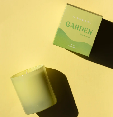 Illuminate your space with the Garden 9 oz. Hue Candle by GP Candle Co., featuring a vibrant chartreuse glass tumbler paired with its matching botanical box.