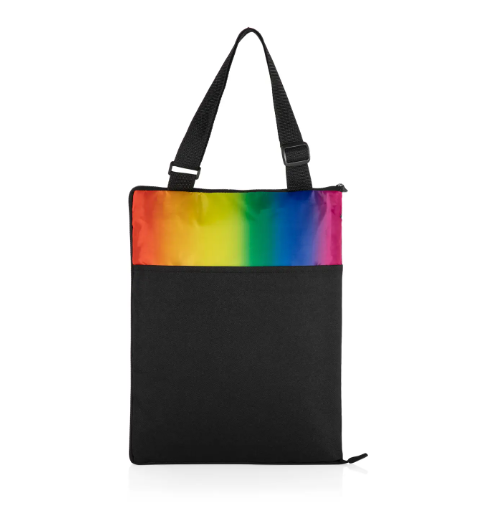 A black portable picnic blanket tote with a vibrant rainbow stripe across the top, featuring black handles.