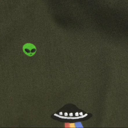 Close up of the UFO Boxer Shorts by Curated Basics, with Alien and UFO design.
