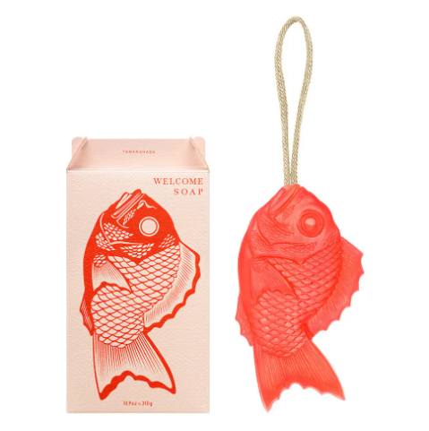 Pomegranate-scented Tamanohada Welcome Gift Soap by Ameico displayed alongside its matching decorative gift box.