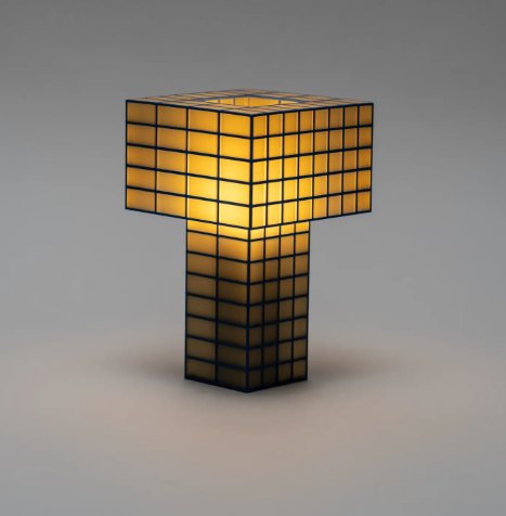 Highlight the warm glow of the Tesser 5:8 Lamp by Ridezign in butter, showcasing its tall sculptural silhouette and Fibonacci-inspired grid pattern.