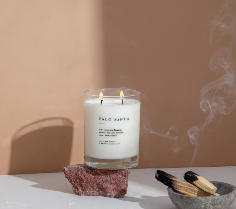 Calming and cleansing Palo Santo candle, featuring notes of cypress, cedar, and eucalyptus, and a long 70-hour burn time.
