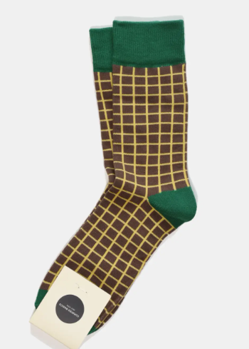 Window-Pane Socks by Curated Basics in a Brown-Green color combination.