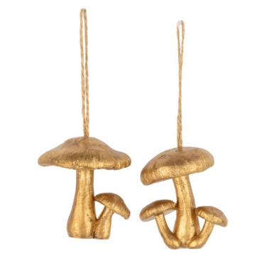 The unique Silver Tree Gold Resin Mushroom Ornament, featuring an antique gold finish and natural twine hanger.