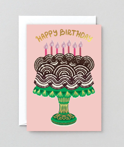 A festive birthday card by Rozalina Burkova featuring a colorful cake and candles with shimmering gold foil accents.