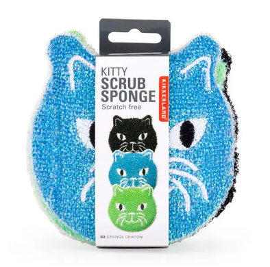 Durable nylon and PU cat sponges by Kikkerland Design Inc, perfect for scrubbing food debris from dishes.