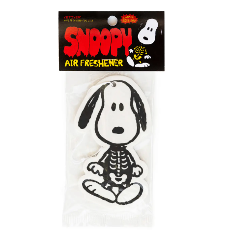 A hanging air freshener with Snoopy Skeleton.