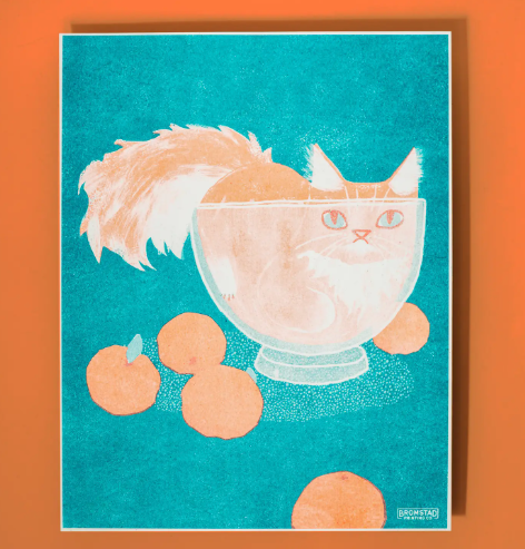 A vibrant risograph print of an orange cat in a glass bowl, showcasing the unique "cats are liquid" theory with a pop of glowing color.