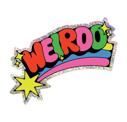 Unique die-cut decals by Red Cap Cards made in Sweden, showcasing a variety of textures from glossy prismatic to white matte, this design features a Weirdo message.