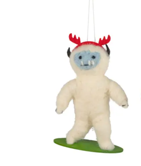 Felt Skiing and Snowboarding Yeti Ornament by Silver Tree – winter sports-themed ornaments featuring yetis in red reindeer hats, snowboarding down the tree.