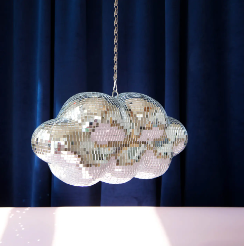 The disco cloud hanging, showcasing its light-reflecting qualities and how it looks as a suspended decorative piece.