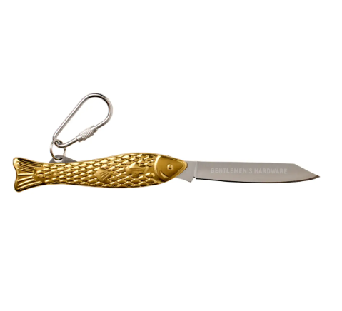 Prepare for your next fishing trip with this unique stainless steel pocket knife, featuring an intricate fish-shaped handle and a secure locking carabiner clip.