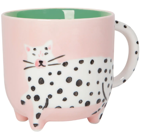The Dotty Cat Critter Mug showing its unique multi-colored spot pattern and sculptural cat-ear silhouette.