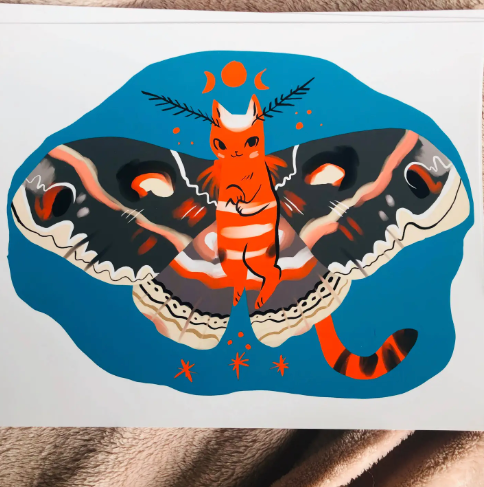 A lovely art print featuring the Cecropia Cat Moth with colorful wings, ready to bring charm and whimsy to your home decor.