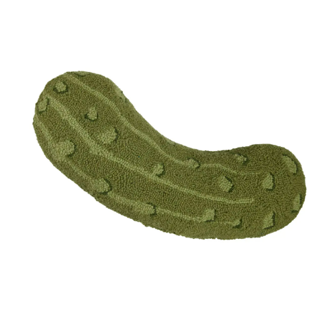 A whimsical 8x20 inch Pickle Hook Pillow by Peking Handicraft featuring a textured green wool design.