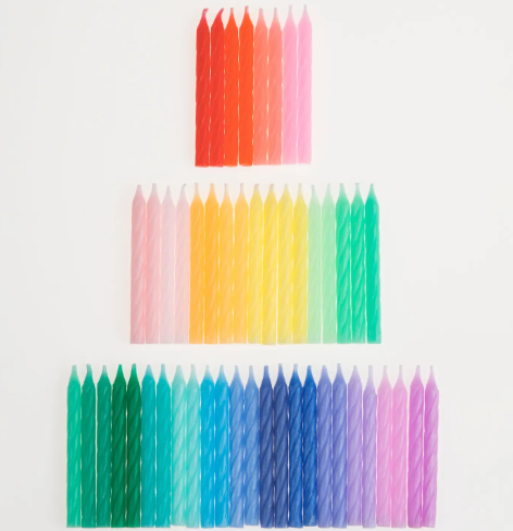Colorful 2.25-inch twisted birthday candles in a spectrum of rainbow hues, ideal for cupcakes and celebrations.