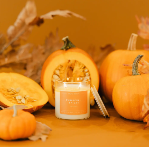 Highlight your seasonal decor with the lit Pumpkin + Spices Signature candle by Calyan Wax Co. styled alongside ripe fall pumpkins.