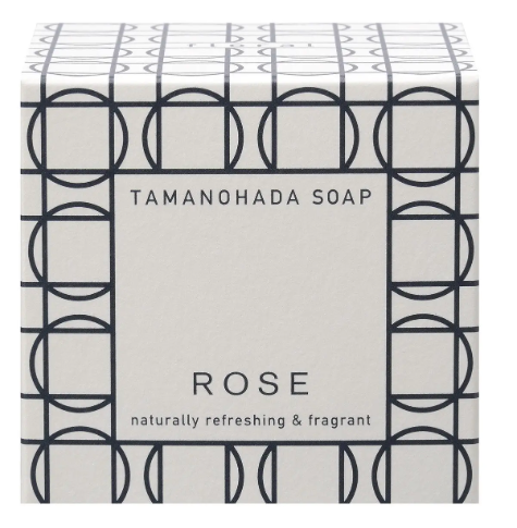 Chic patterned retail box for Tamanohada rose round soap by Ameico highlighting its luxury appeal.