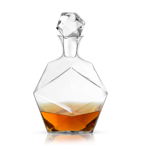 The Viski Seneca Faceted Crystal Decanter, showing its geometric, prismatic design.