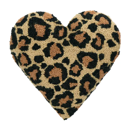 A heart-shaped throw pillow featuring a classic leopard print pattern, showcasing the rich texture of the 100% wool hooked front by Peking Handicraft.