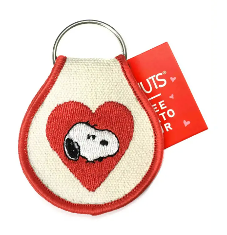 Double-sided Snoopy heart patch keychain made from natural oxford cotton with a sturdy metal keyring.