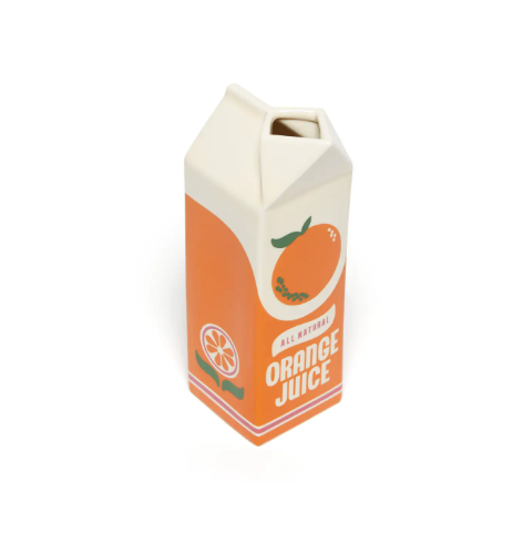 Retro OJ carton flower vase made of high-quality ceramic, perfect for adding a pop of color to a kitchen windowsill.
