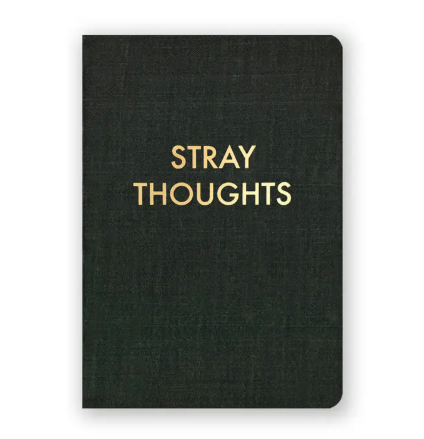 A medium-sized journal with a faux vintage cover and gold lettering that reads "Stray Thoughts Journal".