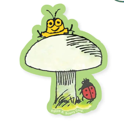 Welcome to the Busy World of Richard Scarry with the Nicholas Goldbug Mushroom Sticker, it's a world of community, kindness, and imagination.