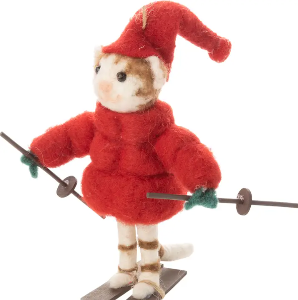 Felt Kitty in Red Puffy Jacket Skiing Ornament