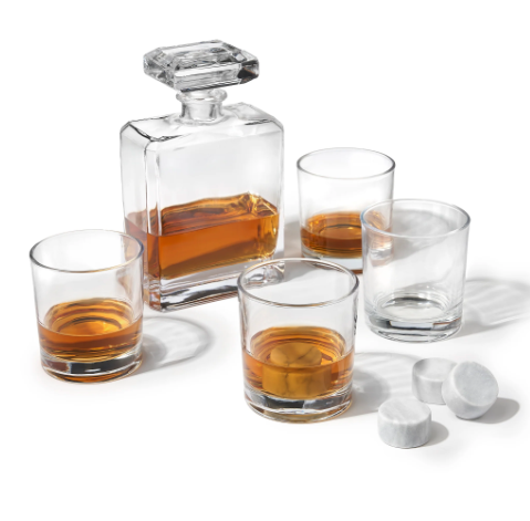 The Godinger Chateau 9 Piece Whiskey Decanter Set, featuring a square crystal decanter, four glasses, and reusable whiskey stones.