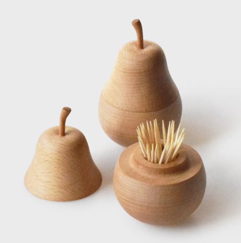 Senser Woodcraft Pear Toothpick Holders, showcasing their natural wooden beauty and versatile design, one holding toothpicks.