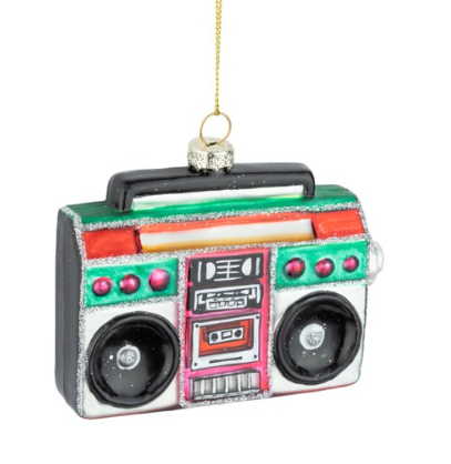 The festive Silver Tree Boom Box Ornament, featuring vibrant colors and silver glitter, perfect for a retro holiday theme.