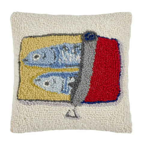 A whimsical 10x10 inch Sardines in Can Hook Pillow by Peking Handicraft featuring a colorful wool hooked design.