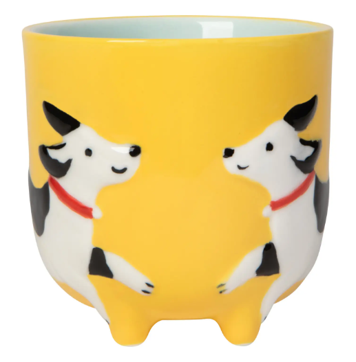 Show the front-facing view of the yellow Spot the Dog Critter Mug by Danica Jubilee, highlighting two playful pups hugging the mug.