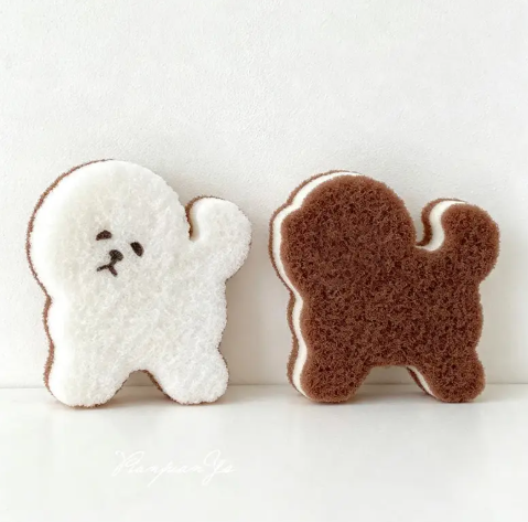 Showcase the adorable facial features and detailed cut of the white and brown puppy sponges from the CouldNook 4-piece set.