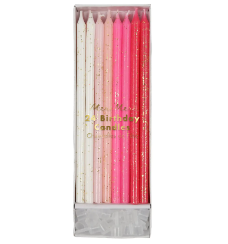 A sleek box of twenty-four pink ombre birthday candles adorned with sparkling gold glitter and neat plastic holders, ready to light up your next party.