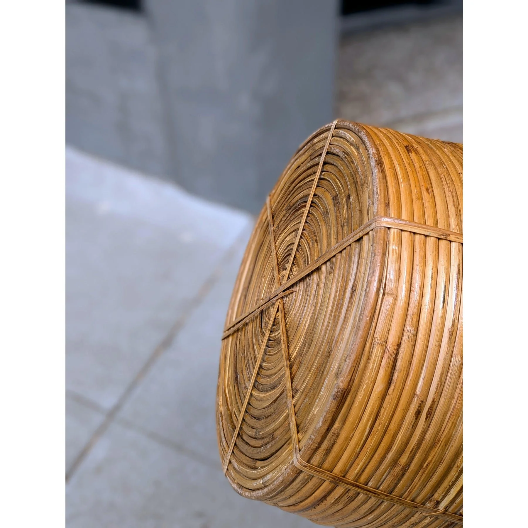 Vintage large rattan and brass planter, underside and woven base detail