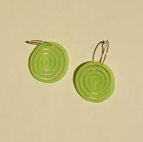 Other shapes' Frosted Lime Swirlie Girlies Earrings, showcasing the unique spinning acrylic swirl design on a gold-filled hoop.