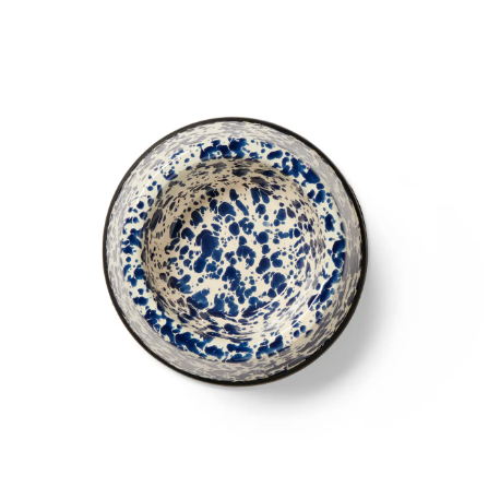 A smaller, Navy & Cream splatter enamelware pet bowl, perfect for cats or small dogs, highlighting the artistic design.