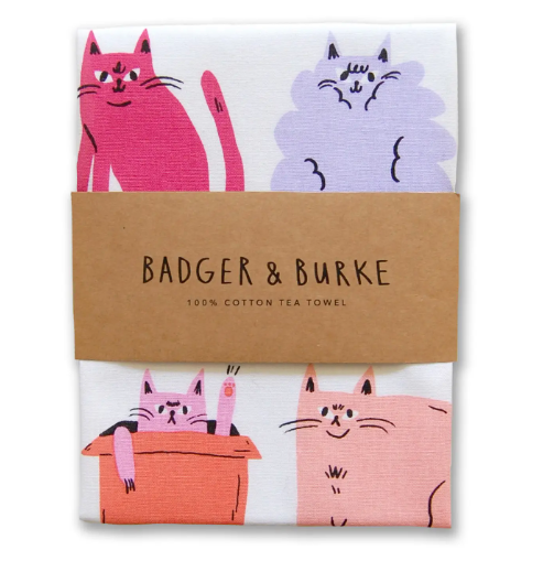 Badger & Burke "Famous Cat Breeds" tea towel featuring colorful illustrated cats.