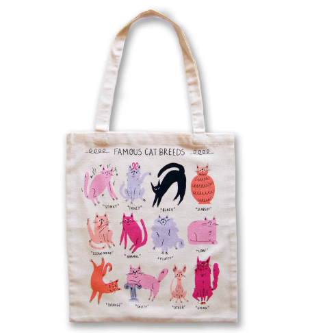 The Famous Cat Breeds tote bag with whimsical illustrations of various cat types like "Stinky," "Fancy," and "Normal."
